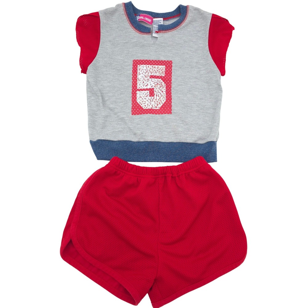 Vintage Sporty 5 Graphic Mesh Shorts Set Girl Tribe Red Grey Girl's Size M 7/8
